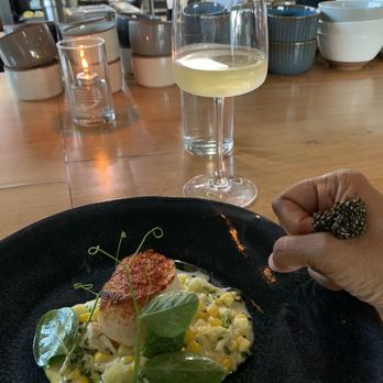 Heritage - Scallop with Dungeness crab and a "bump" of caviar - Modern European Near Me - Long Beach, California Heritage - Scallop with Dungeness crab and a "bump" of caviar - Modern European Near Me - Long Beach, California