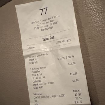 Harold's Timeout Bar & Grill - Receipt - Bars Near Me - Olympia Fields, Illinois