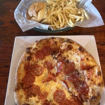 Poor People's Pub - Pepperoni pizza and burger with fries - Pubs Near Me - New Shoreham, Rhode Island