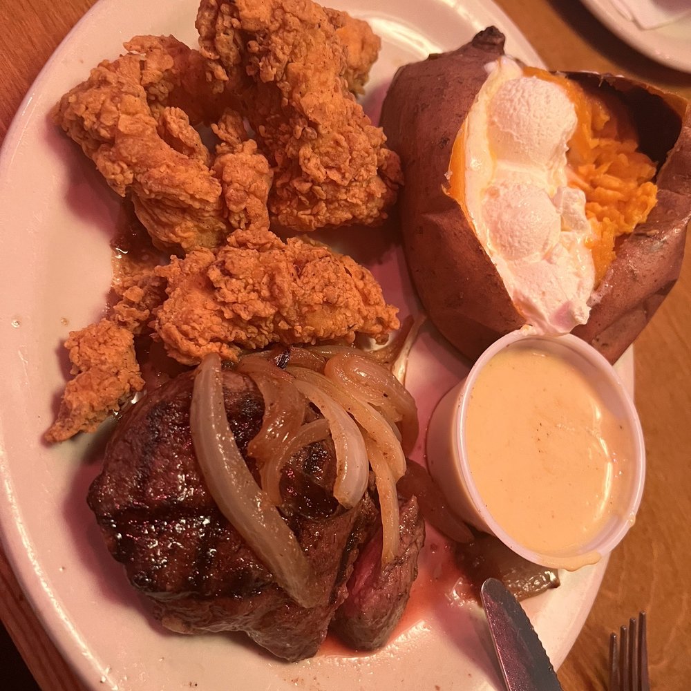 Sirloin, chicken critters, and a sweet potato Sirloin, chicken critters, and a sweet potato