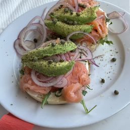 Open face Bagel , lox and cream cheese with avocado! Open face Bagel , lox and cream cheese with avocado!