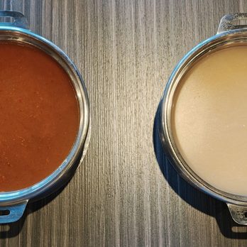 All That Shabu - Spicy Beef (left) and Beef Bone broths - Hot Pot Near Me - San Diego, California