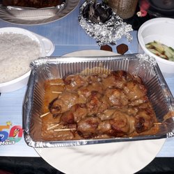 China Restaurant Panda II - Hühnerspieße mit Erdnusssauce, Reis und Gurkensalat / chicken skewers with peanut sauce, rice and cucumber salad