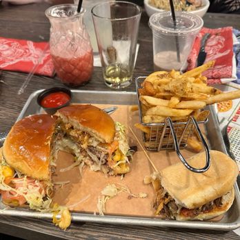 Downtown Flavortown - Bacon Mac n Cheese Burger, and Big Philly Bomb with the Guys Famous Fries Trio Basket - American Near Me - Myrtle Beach, South Carolina Downtown Flavortown - Bacon Mac n Cheese Burger, and Big Philly Bomb with the Guys Famous Fries Trio Basket - American Near Me - Myrtle Beach, South Carolina