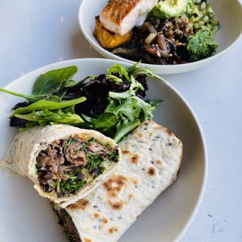 Flower Child - Steak wrap and Mother Earth bowl w/ salmon - Vegetarian Near Me - Denver, Colorado