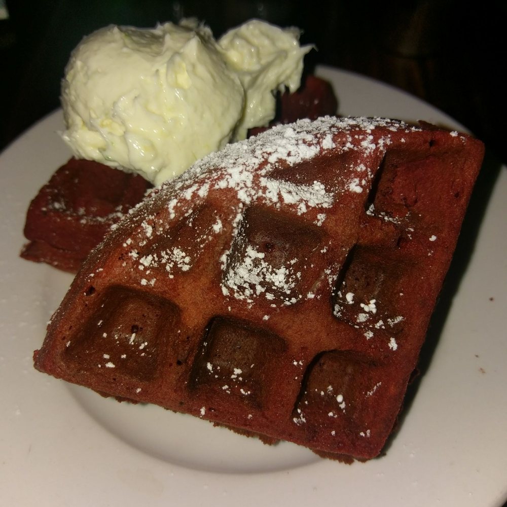 MAX's Wine Dive - Red Velvet Waffle with cream cheese - Wine Bars Near Me - Houston, Texas MAX's Wine Dive - Red Velvet Waffle with cream cheese - Wine Bars Near Me - Houston, Texas