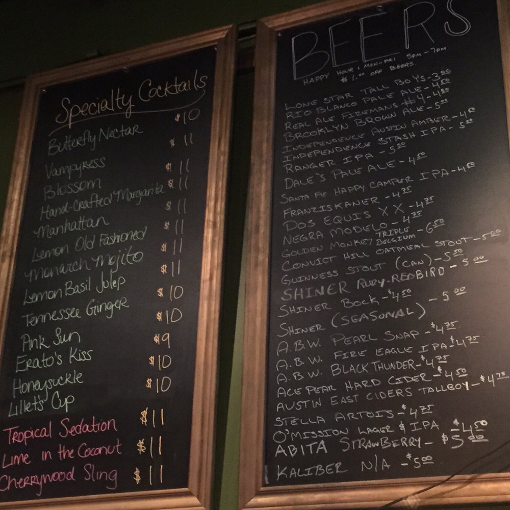 The Butterfly Bar - Drink menu on the wall - Lounges Near Me - Austin, Texas