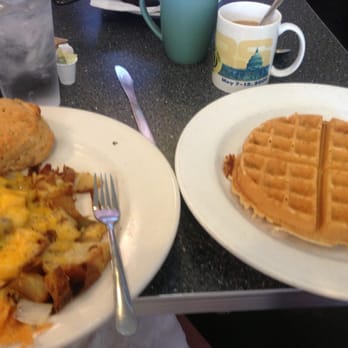 Thumbs Up Diner - Ordered too much! Spuds with cheese multigrain biscuit and a Belgian waffle! Delish - Breakfast & Brunch Near Me - Atlanta, Georgia