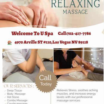 U Spa - Massage techniques are commonly applied with hands, fingers,
elbows, knees, forearms, feet, or a device... - Day Spas Near Me - Las Vegas, Nevada U Spa - Massage techniques are commonly applied with hands, fingers,
elbows, knees, forearms, feet, or a device... - Day Spas Near Me - Las Vegas, Nevada