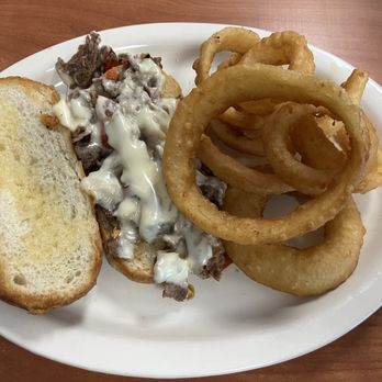 Morgan's Corner Cafe - Philly Steak with Onion Rings - Breakfast & Brunch Near Me - Mooresville, Indiana