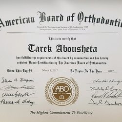 Our commitment to excellence! Dr. Tarek Abousheta has completed the rigorous examination process to become a Board Certified Orthodontist.