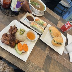 Le's Baguette Banh Mi Cafe - Sweet ginger chicken jasmine rice, pork belly banh mi, shrimp springs and rare steak pho