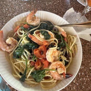Divina Cucina - Love this dish. Spaghetti with garlic and olive oil, spinach and perfectly cooked shrimp.  Spaghetti con Polpette - OO - Italian Near Me - Montrose, California