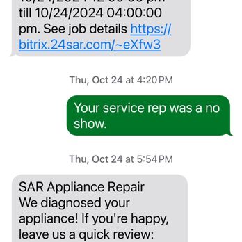 SAR Appliance Repair - Comments from texts - Appliances & Repair Near Me - Clearwater, Florida