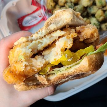 Amy Ruth's - Fried catfish sandwich with fried okra - Southern Near Me - New York, New York