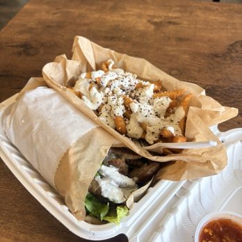 Evergreen Cafe and Gyros - Lamb Traditional Gyro Wrap and Small Greek Fries (topped with tzatziki & feta) - Cafes Near Me - Olympia, Washington