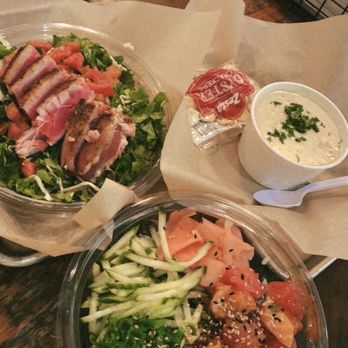 Fish District - Blackened ahi poke bowl, half and half ahi and salmon poke bowl with citrus yuzu, New England clam chowder - Fish & Chips Near Me - Solana Beach, California