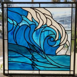 Calico Art Glass - An ocean wave stained glass panel created for a private residence.