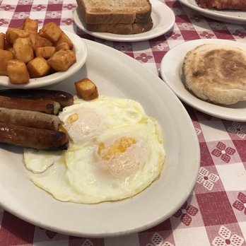 Barry's Cafe - Eggs easy over with sausage links, hasbrowns, and an English muffin. - Burgers Near Me - Raleigh, North Carolina