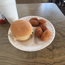 Bar-B-Que Hut - Barbecue sandwich, hush puppies, and a sweet tea.