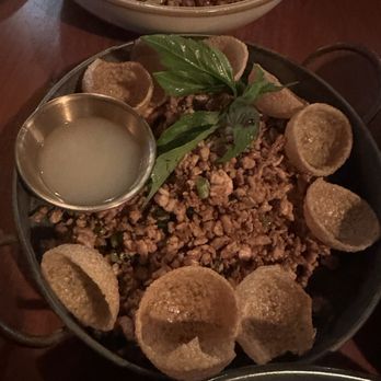 Elephant Ear Thai Restaurant - Thai Basil Minced Chicken With Crispy Pani Puri - Asian Fusion Near Me - New York, New York Elephant Ear Thai Restaurant - Thai Basil Minced Chicken With Crispy Pani Puri - Asian Fusion Near Me - New York, New York