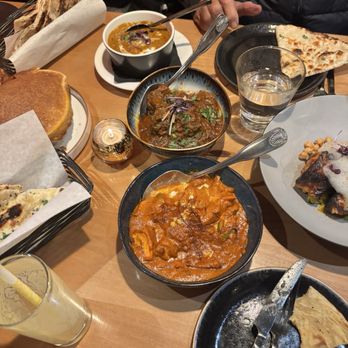 Aurum - Mushroom and Peas Pot Pie (left), Butter Chicken, Kholapuri Goat Curry, Ghar Ki Daal, Tandoori Salmon (right) - Indian Near Me - Los Altos, California Aurum - Mushroom and Peas Pot Pie (left), Butter Chicken, Kholapuri Goat Curry, Ghar Ki Daal, Tandoori Salmon (right) - Indian Near Me - Los Altos, California