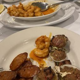 Chorizo,  Shrimp in Garlic and oil and Clams Casino.