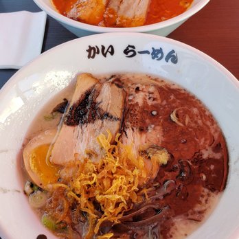 Kai Ramen - Arcadia - Tonkotsu ramen with chilli oil pictured at the top, bottom is kai ramen black (black garlic oil) - Ramen Near Me - Arcadia, California