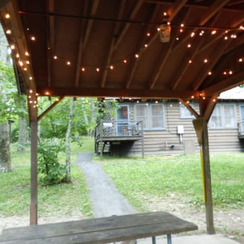 Lewis Mountain Cabins - Christmas string lights left up by previous renters in the bbq/picnic area - Vacation Rentals Near Me - Stanardsville, Virginia