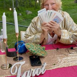 Tarot Card Reader in Connecticut reading for an Arabian-themed garden party