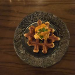Uni with uni butter and mochi waffle Uni with uni butter and mochi waffle