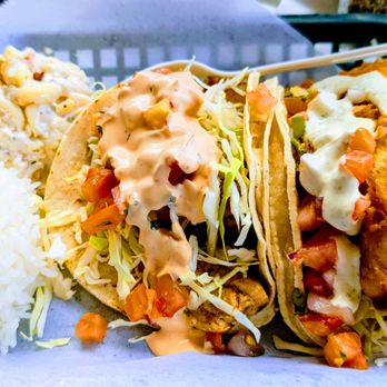 The Fish Market Maui - One grilled one deep fried fish taco,Mac salad and rice. - Seafood Near Me - Lahaina, Hawaii The Fish Market Maui - One grilled one deep fried fish taco,Mac salad and rice. - Seafood Near Me - Lahaina, Hawaii