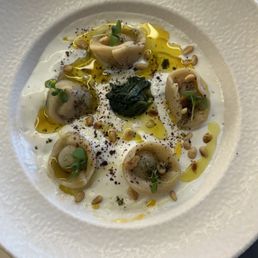Ravioli in warm yogurt and spinach.