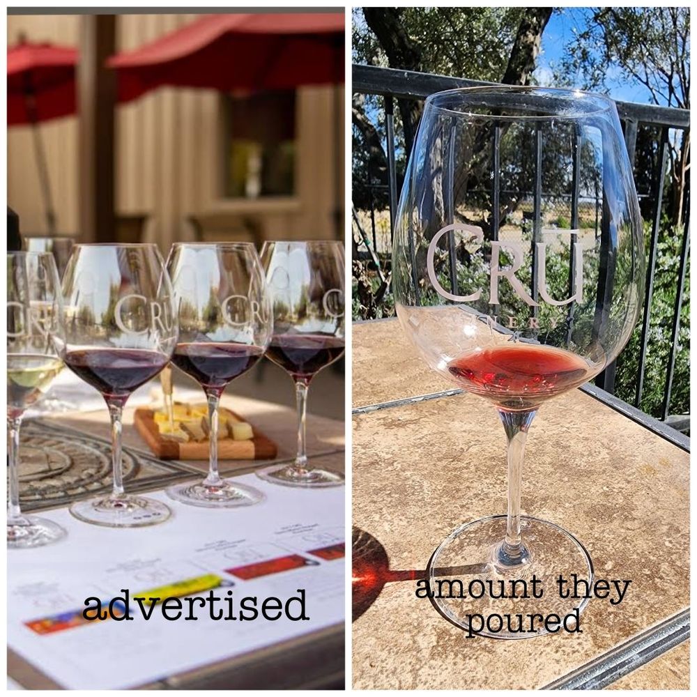 CRŪ Winery - The wine tasting photo by business on Google vs how much they actually pour. March 2024. - Wineries Near Me - Madera, California CRŪ Winery - The wine tasting photo by business on Google vs how much they actually pour. March 2024. - Wineries Near Me - Madera, California