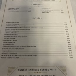 Sunset Dinner Menu
