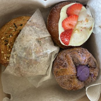 Rose Ave Bakery - Strawberry lychee rose donut, ube and cheese Kouign-amann and garlic scallion croissant roll - Bakeries Near Me - Washington, DC, District of Columbia