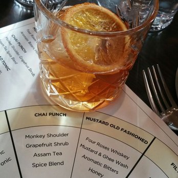 ROOH - Mustard Old Fashioned: Four Roses Whiskey, Mustard & Ghee Wash, Aromatic Bitters, Honey ($13) - Indian Near Me - San Francisco, California ROOH - Mustard Old Fashioned: Four Roses Whiskey, Mustard & Ghee Wash, Aromatic Bitters, Honey ($13) - Indian Near Me - San Francisco, California