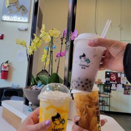 Mango yogurt drink, taro boba, brown sugar boba