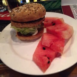 California Turkey, a turkey burger with watermelon slices.