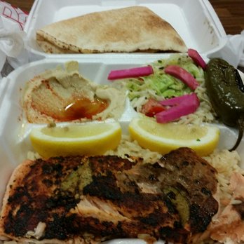 Sultan Chicken - The salmon plate with hummus, pita, rice, side salad and a really really hot pepper lol - Middle Eastern Near Me - Los Angeles, California