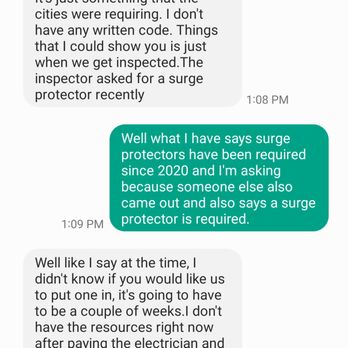 27 West Electric - Me asking for Code clarification about surge protectors being required (from my own research) and being told no they aren't. - Electricians Near Me - Escondido, California