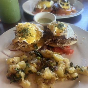 Sage Social Eatery - Pulled Pork Benny with Cucumber Lemonade - Latin American Near Me - Covina, California Sage Social Eatery - Pulled Pork Benny with Cucumber Lemonade - Latin American Near Me - Covina, California
