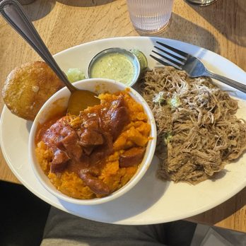 Brasa Rotisserie - Pulled pork plate with sweet potatoes and corn bread. - Southern Near Me - Saint Paul, Minnesota Brasa Rotisserie - Pulled pork plate with sweet potatoes and corn bread. - Southern Near Me - Saint Paul, Minnesota