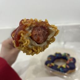 The inside of the ramen rice corn dog The inside of the ramen rice corn dog