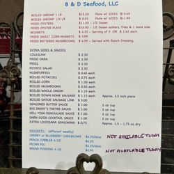 B & D Seafood - Sample of price list