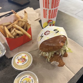Chicken Guy! - The Sauce Boss with sauces on the side (Curry Mayo & Garlic Parmesan) - Chicken Shop Near Me - Lake Buena Vista, Florida