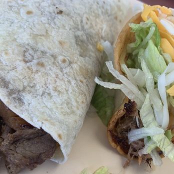 Tacos Elsinore #2 - Close-up of the Friday special soft taco and a single crispy shredded beef taco - Mexican Near Me - Lake Elsinore, California