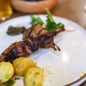 Meyhouse - Kuzu Pirzola (Part of $40 three-course lunch prix fixe +$7) two-piece bone-in lamb chops w/ mint-pistachio spread - Turkish Near Me - Palo Alto, California