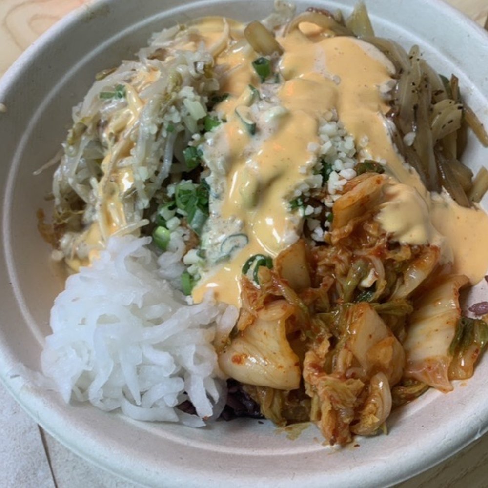 Build Your Own Bowl. Base is half purple rice, half Japchae.