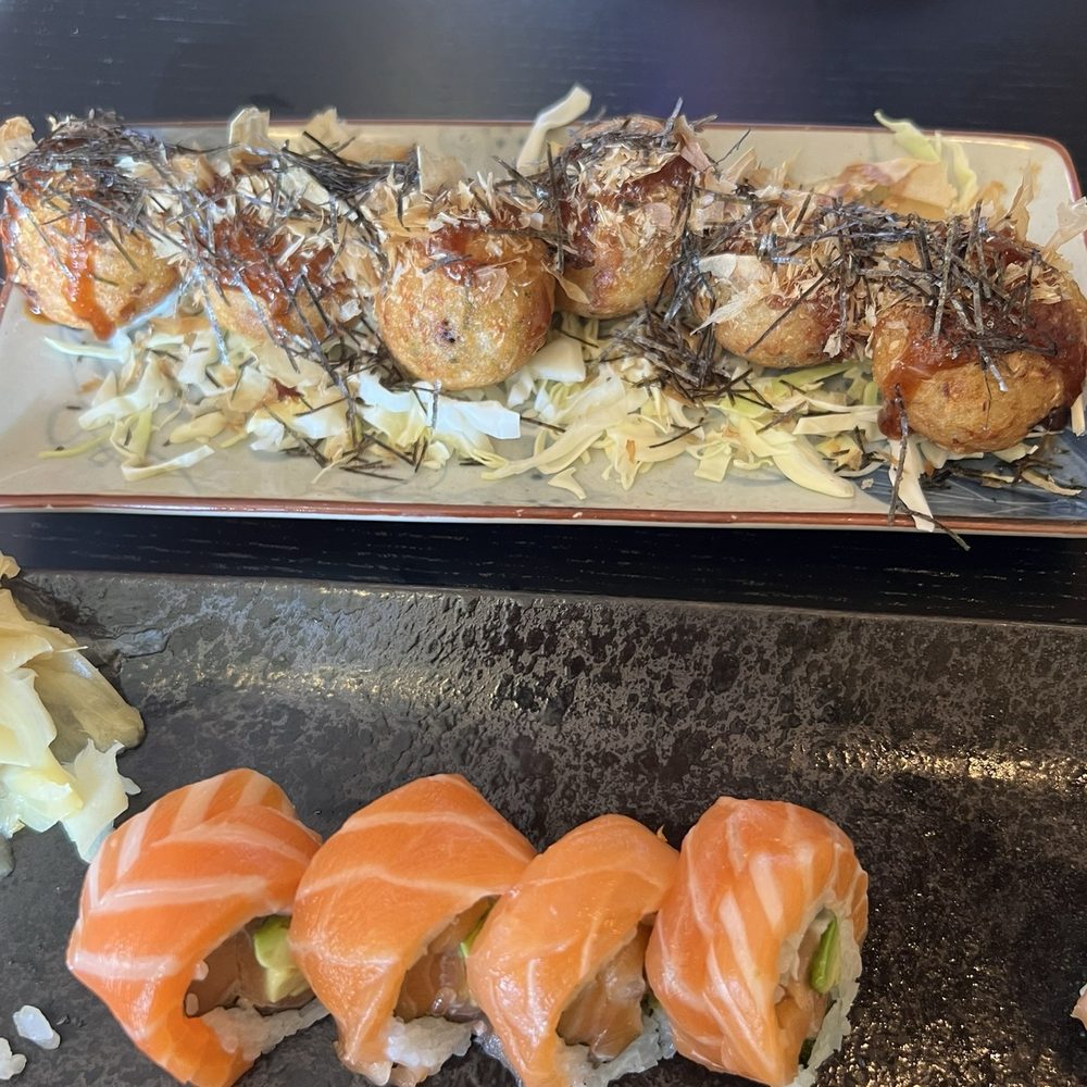 Happy Sushi - Takoyaki (top) and Orange Blossom Roll (bottom) - Japanese Near Me - Santa Clara, California Happy Sushi - Takoyaki (top) and Orange Blossom Roll (bottom) - Japanese Near Me - Santa Clara, California